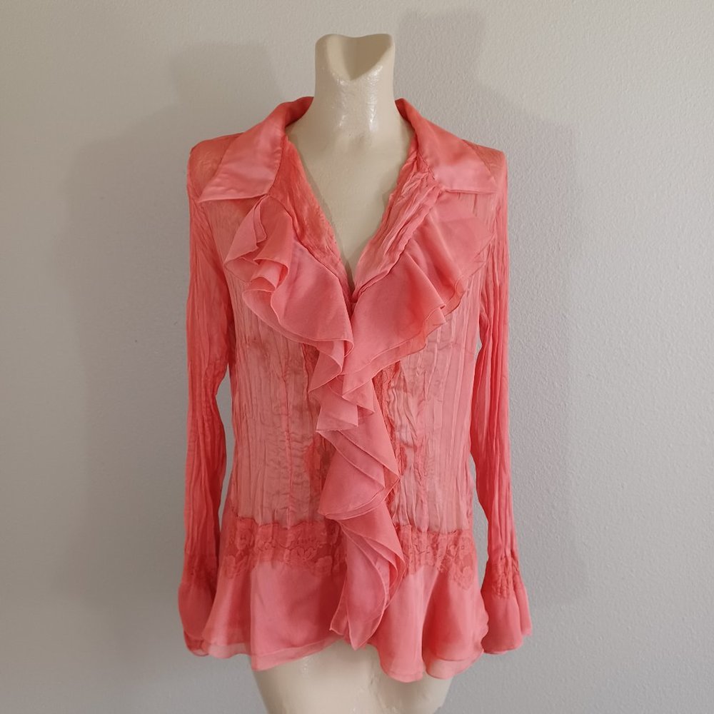 MK Solo Sexy Sheer Lace Chiffon Satin Bell Cuff Vintage Top Orange XL France